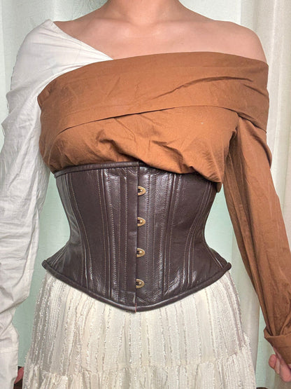 Brown Leather Corset, Hourglass Silhouette, Short