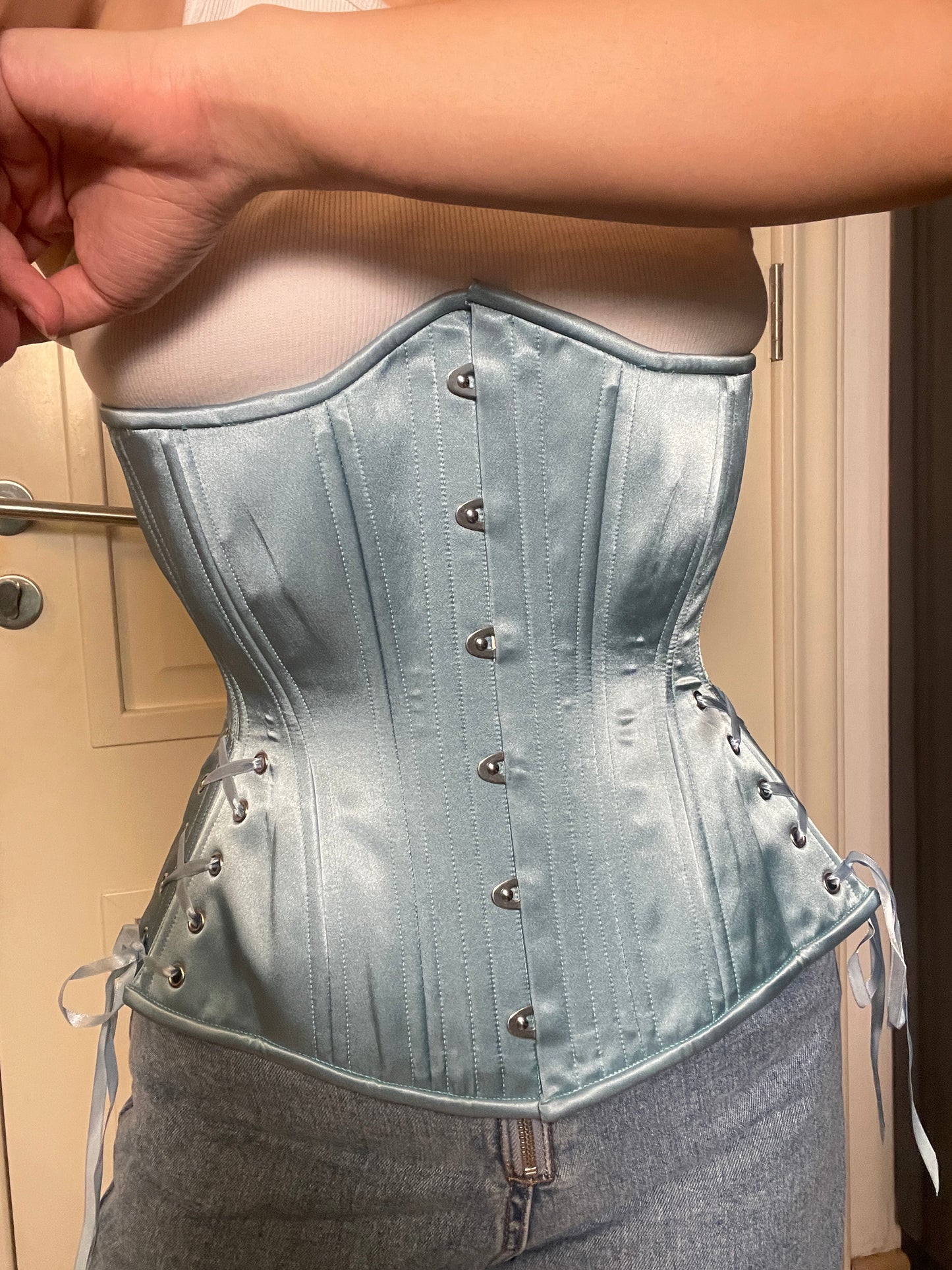 Steely Blue Satin Corset, Hourglass Silhouette, Long