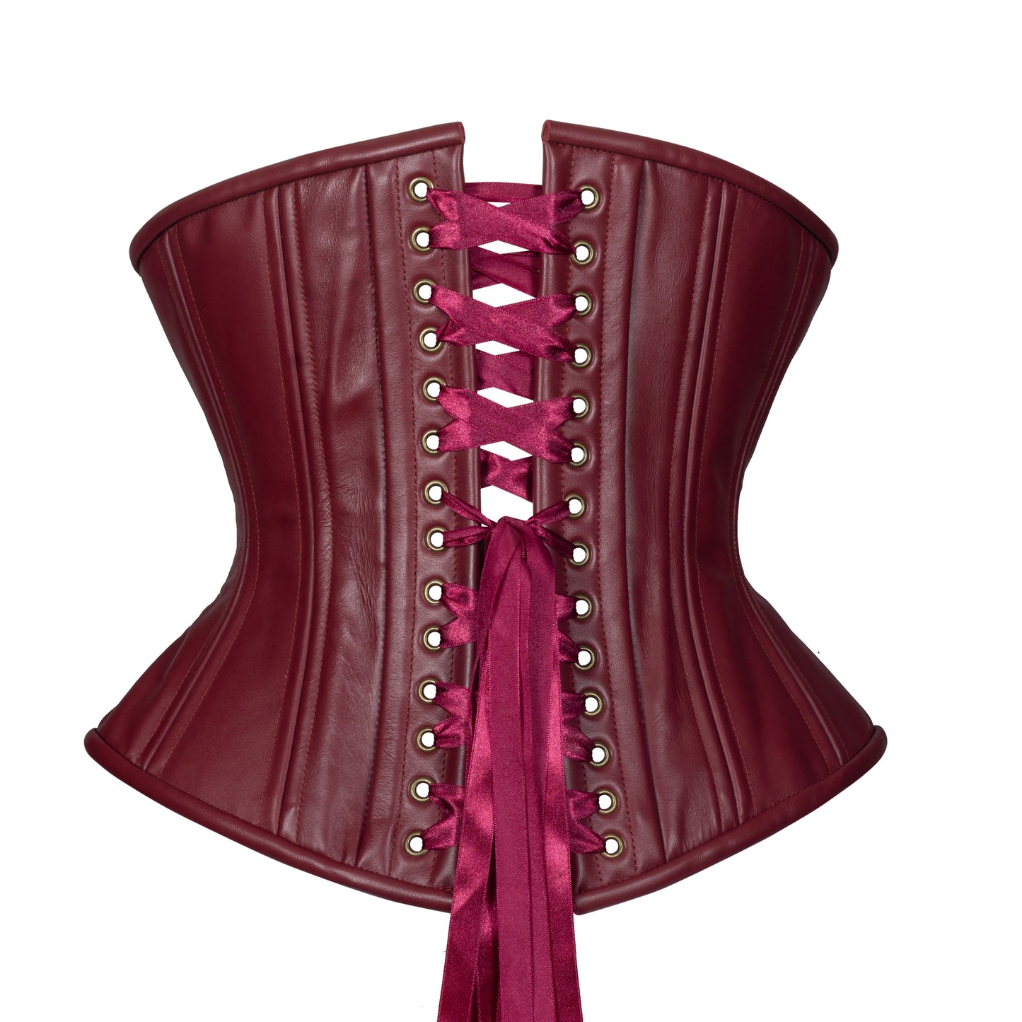 Oxblood Leather Libby (Libra Gentle) corset, with brass grommets and burgundy ribbon laces, back view