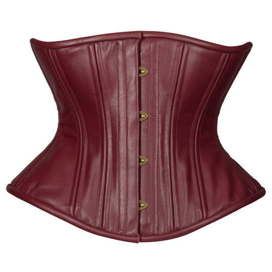 Oxblood Leather Libby (Libra Gentle) corset, with brass busk and burgundy ribbon laces, front view