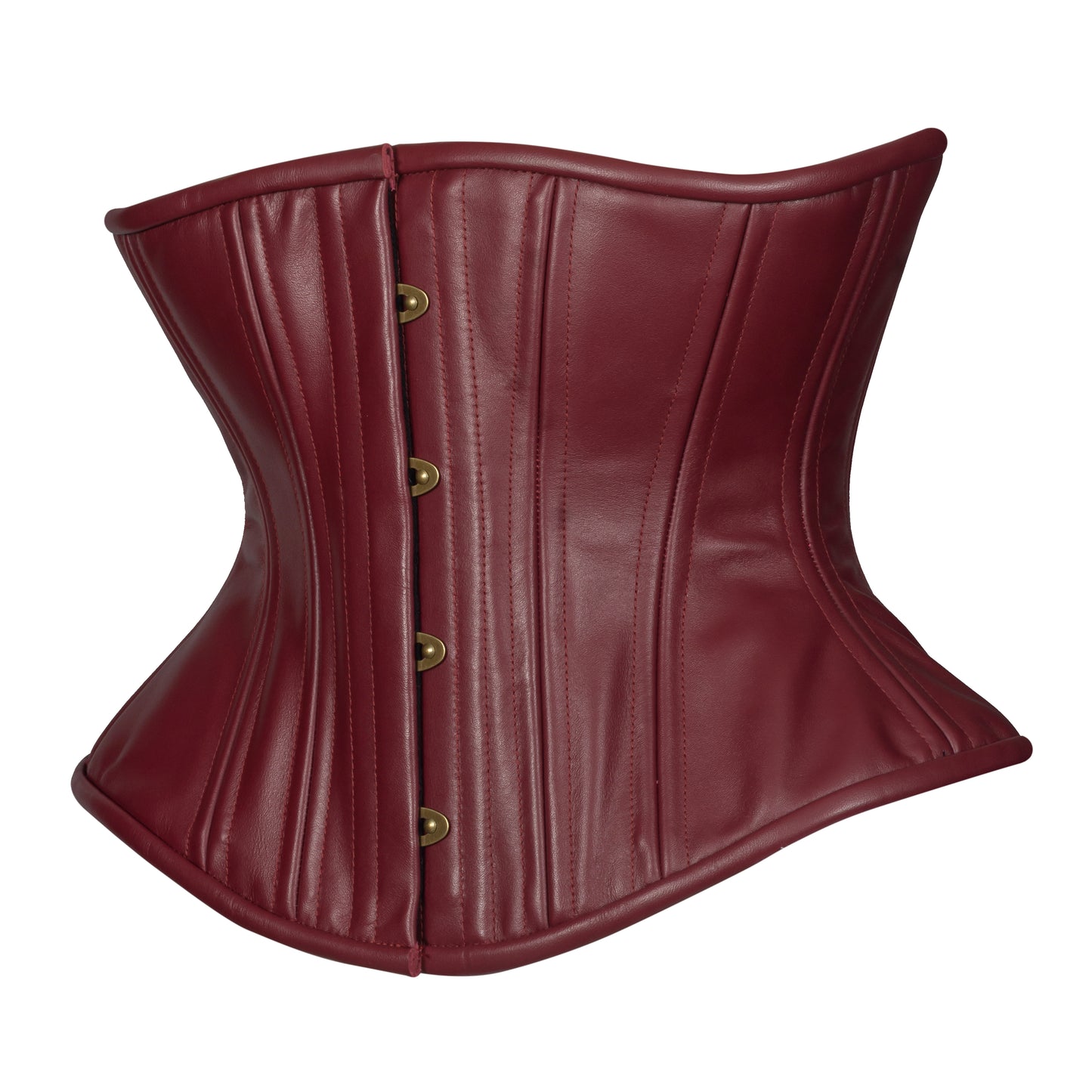 Oxblood Leather Libby (Libra Gentle) corset, with brass busk and burgundy ribbon laces, side view