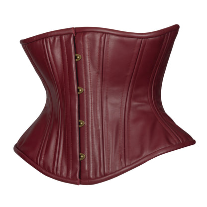 Oxblood Leather Libby (Libra Gentle) corset, with brass busk and burgundy ribbon laces, side view