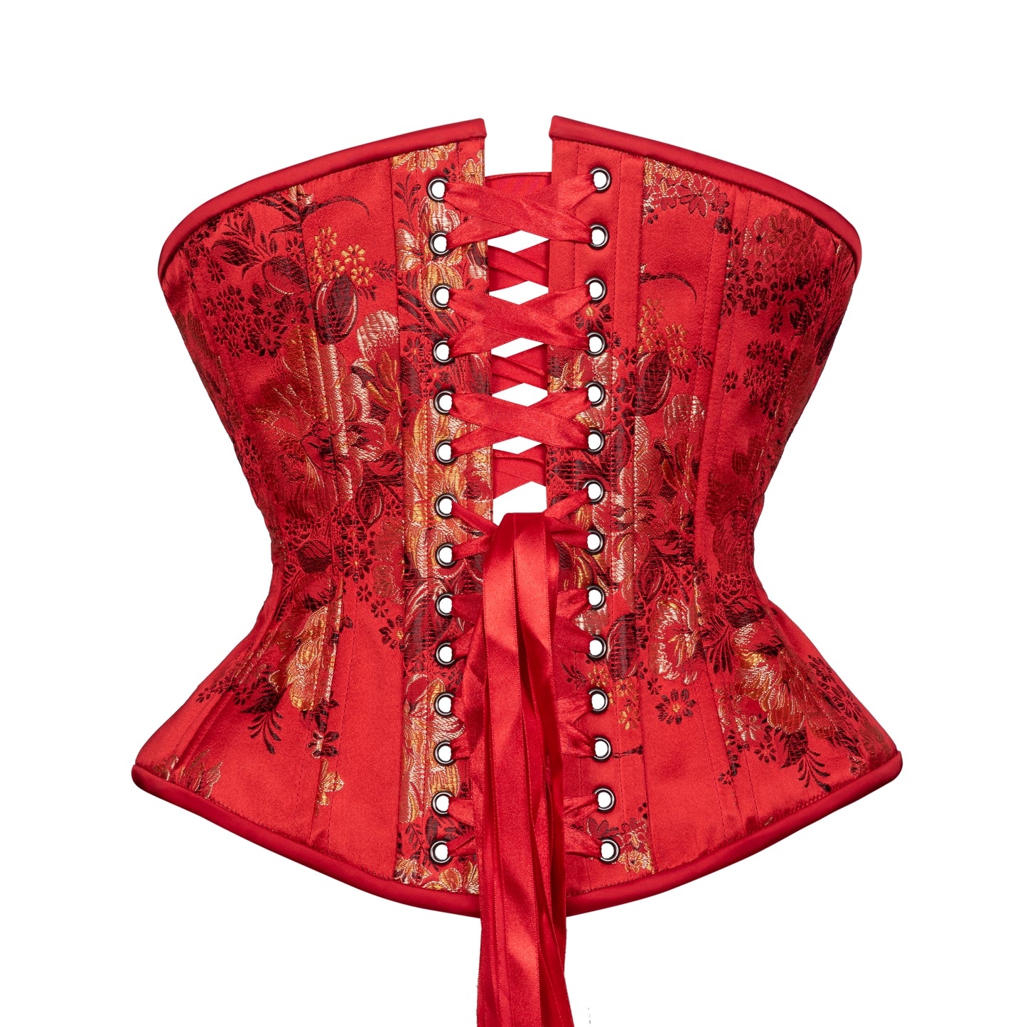 Red corset with floral patterns on a white background