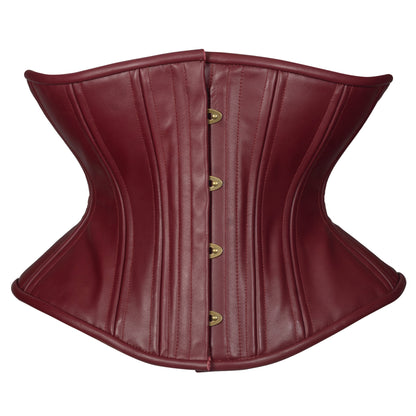 Oxblood Leather Libra corset, with brass busk and burgundy ribbon laces, front view