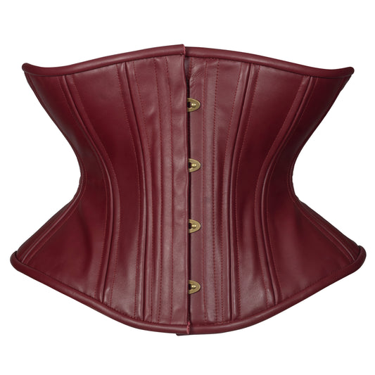 Oxblood Leather Libra corset, with brass busk and burgundy ribbon laces, front view