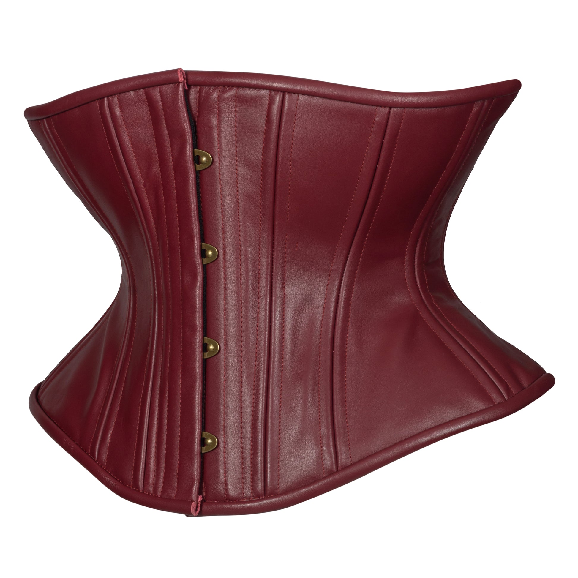 Oxblood Leather Libra corset, with brass busk and burgundy ribbon laces, side view
