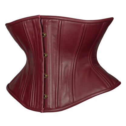 Oxblood Leather Libra corset, with brass busk and burgundy ribbon laces, side view