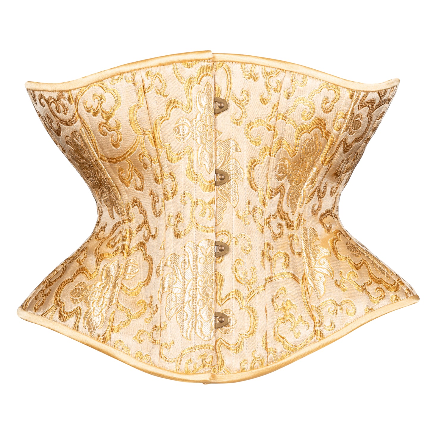 Sunkissed Gold Brocade corset, Libra silhouette, regular length, front view with brass busk closure 