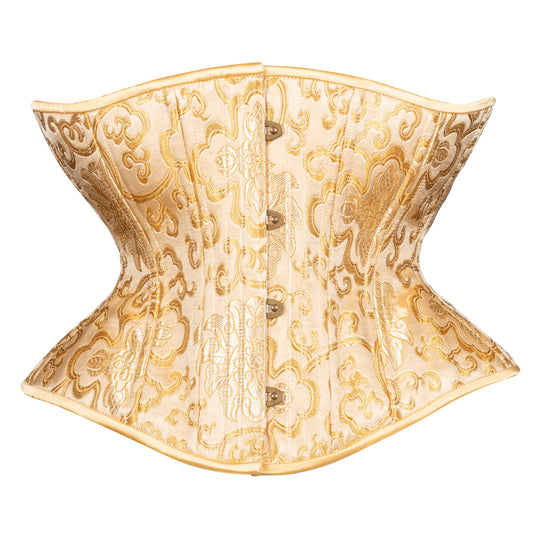 Sunkissed Gold Brocade corset, Libra silhouette, regular length, front view with brass busk closure 