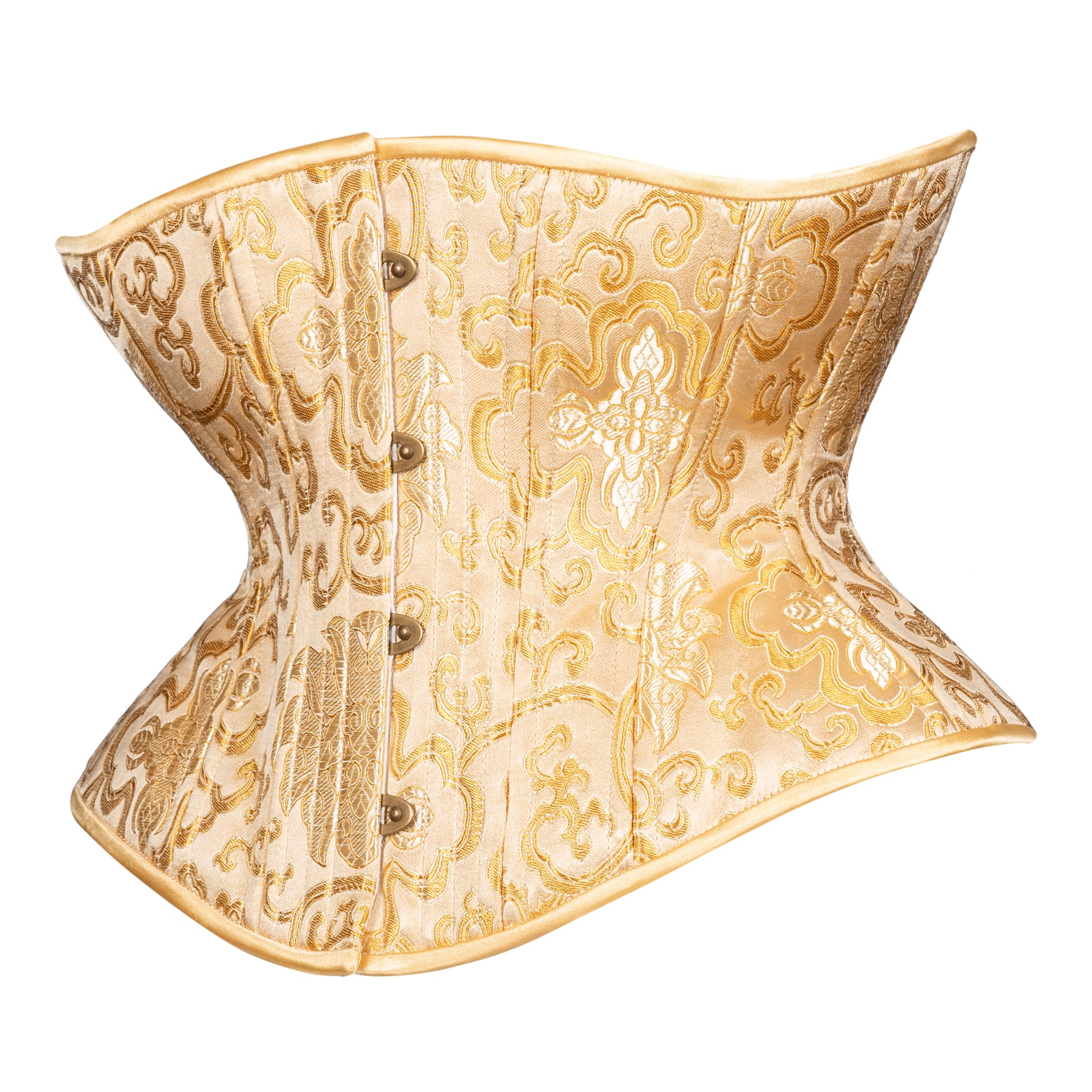 Sunkissed Gold Brocade corset, Libra silhouette, regular length, side view 