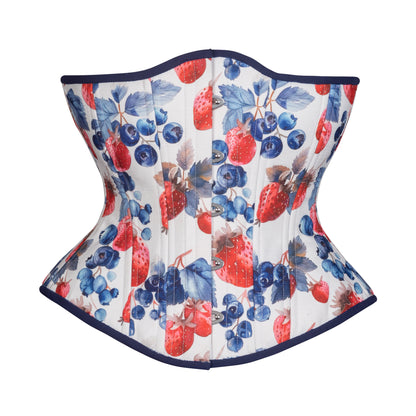 Berry Sweet Cotton Corset, Hourglass Silhouette, Regular length, front view with busk closure 