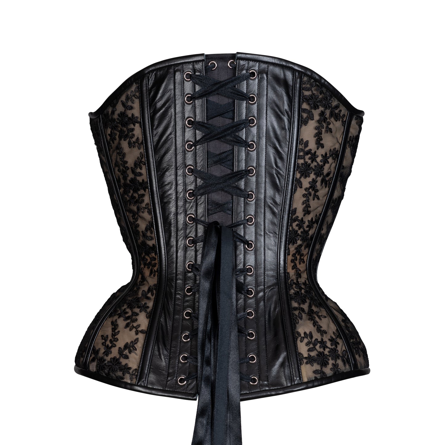 Leather and Lace Hourglass Overbust Corset. Back View with silver busks