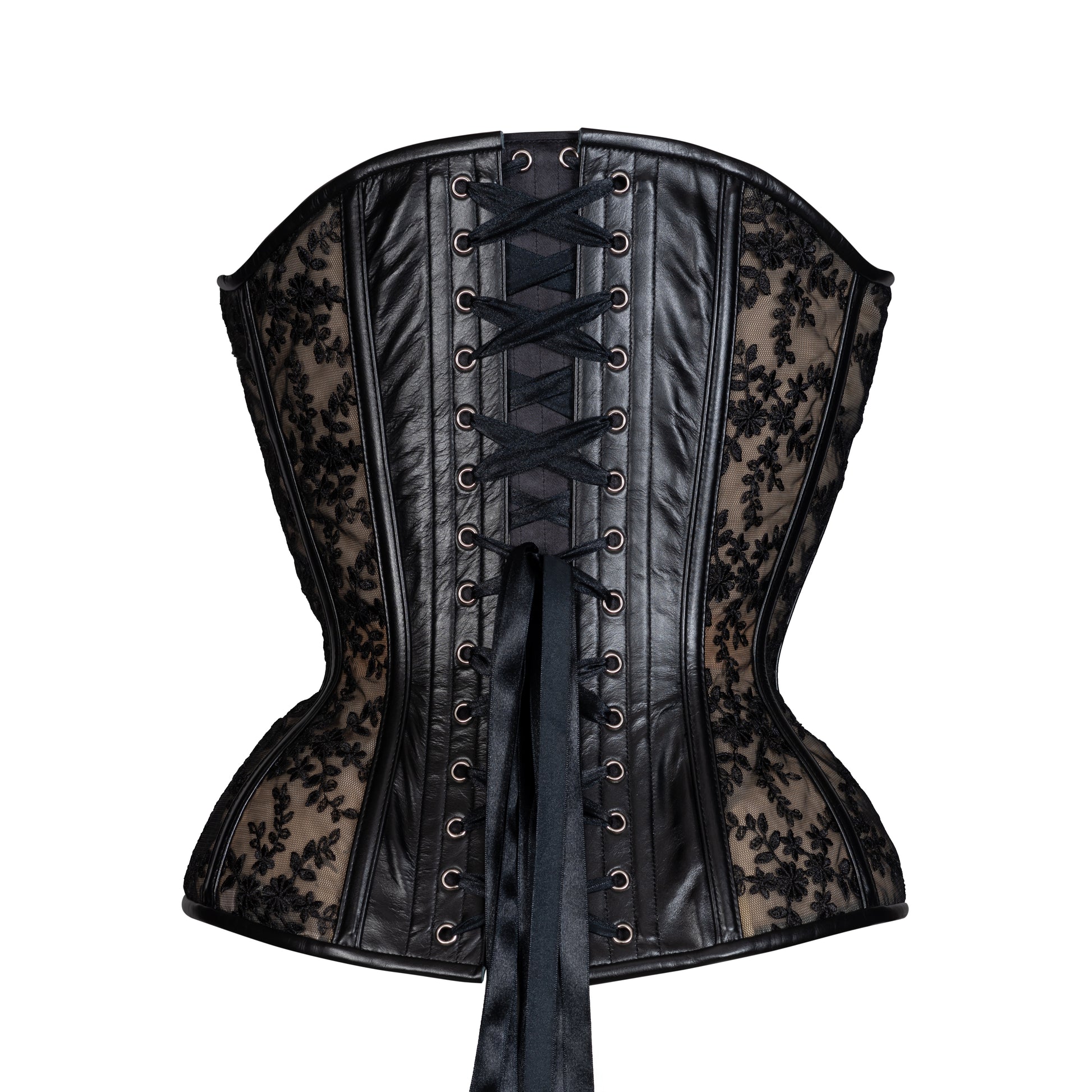 Leather and Lace Hourglass Overbust Corset. Back View with silver busks