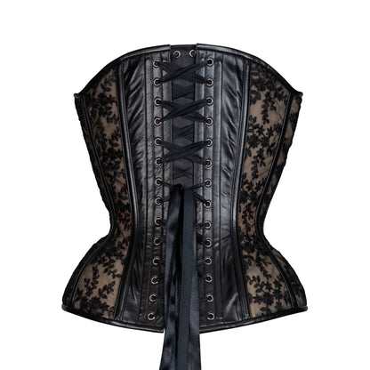 Leather and Lace Hourglass Overbust Corset. Back View with silver busks