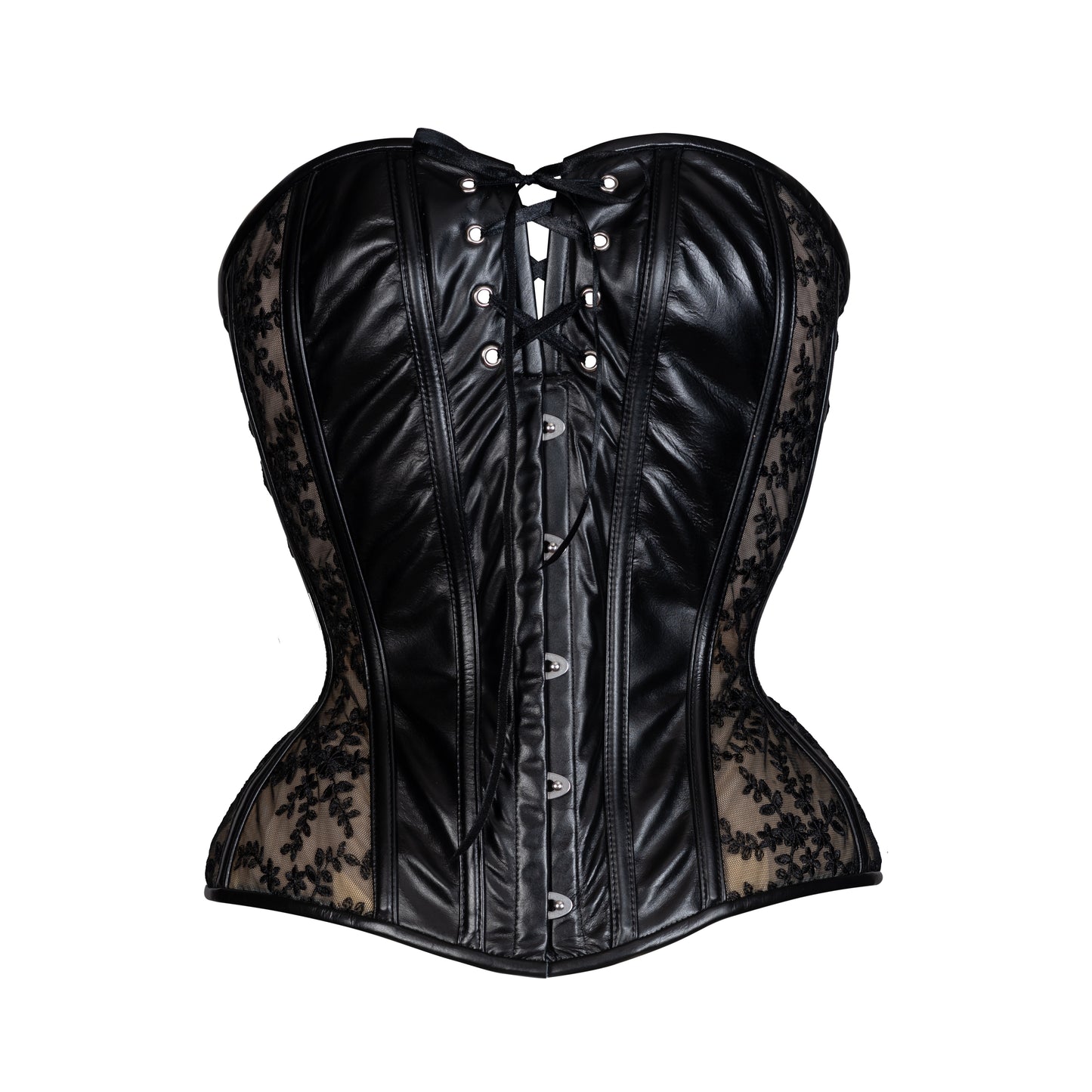 Leather and Lace Hourglass Overbust Corset. Front View with silver busks