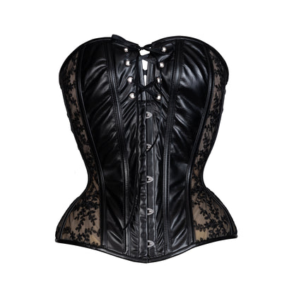 Leather and Lace Hourglass Overbust Corset. Front View with silver busks