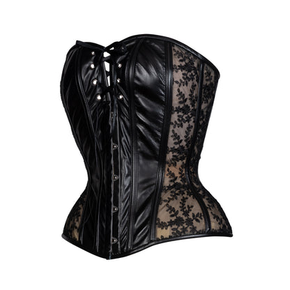 Leather and Lace Hourglass Overbust Corset. Side View with silver busks