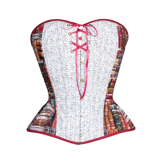 A sweetheart overbust corset featuring a white front panel with cursive script, burgundy trim, a brass front busk, with book spine patterns printed along the sides.