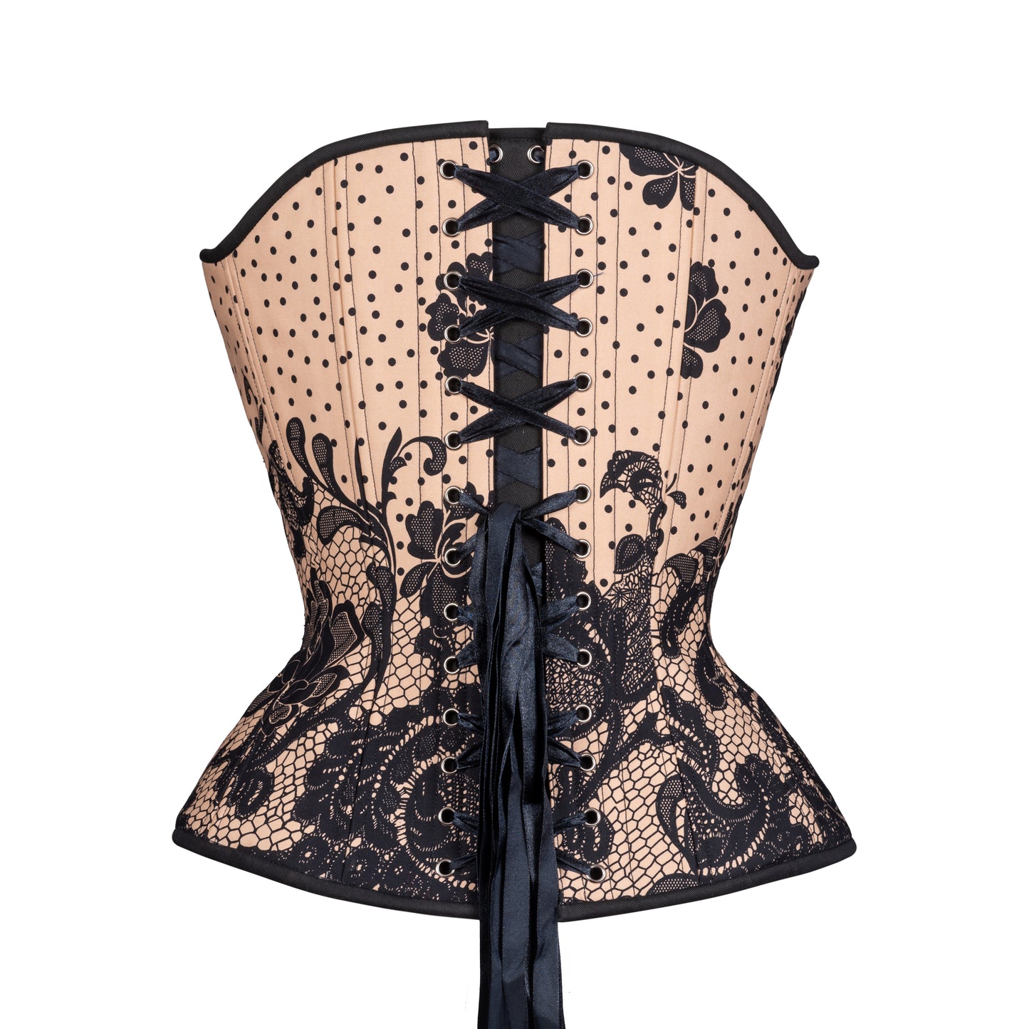 Black Dots on Beige, Overbust Corset, Hourglass Silhouette, NEW