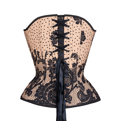 Black Dots on Beige, Overbust Corset, Hourglass Silhouette, NEW