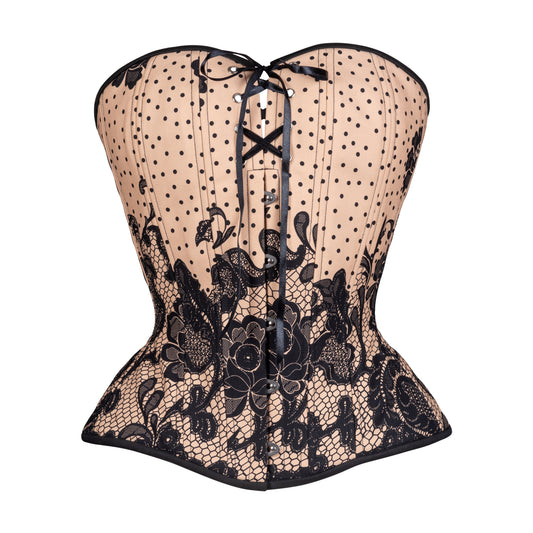 Black Dots on Beige, Overbust Corset, Hourglass Silhouette, NEW