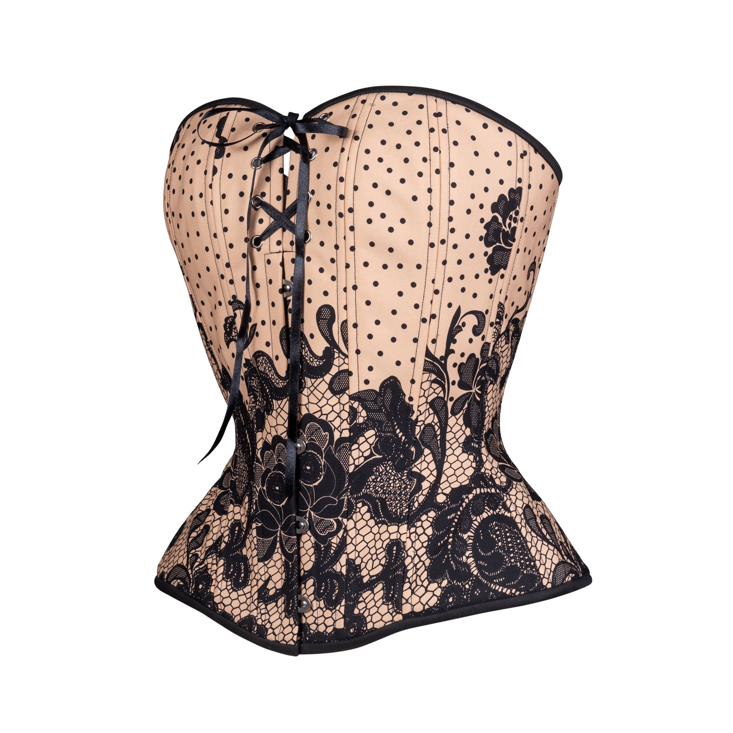 Black Dots on Beige, Overbust Corset, Hourglass Silhouette, NEW