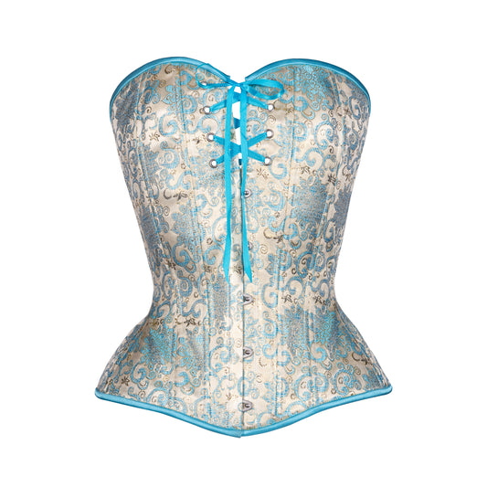 Rococo Blue Brocade, Overbust Corset, Hourglass Silhouette, NEW