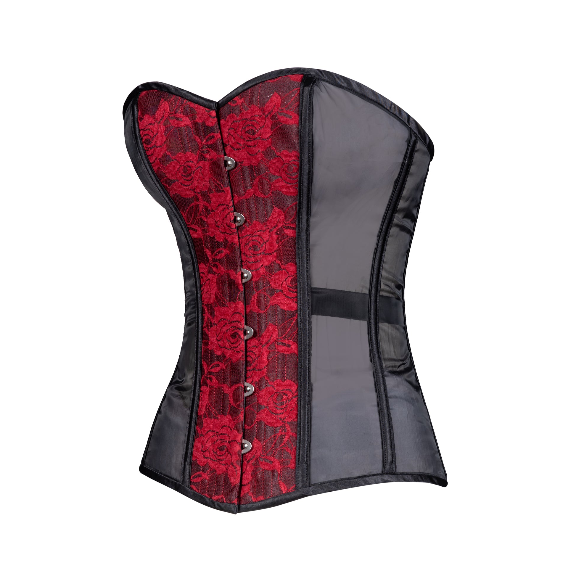 Burgundy Lace and Black Mesh Overbust, Slim Silhouette, Regular