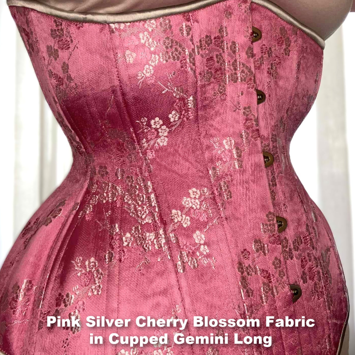 Pink Silver Cherry Blossom Cupped Corset, Gemini Silhouette, Long. Side View