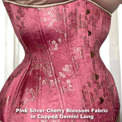 Pink Silver Cherry Blossom Cupped Corset, Gemini Silhouette, Long. Side View