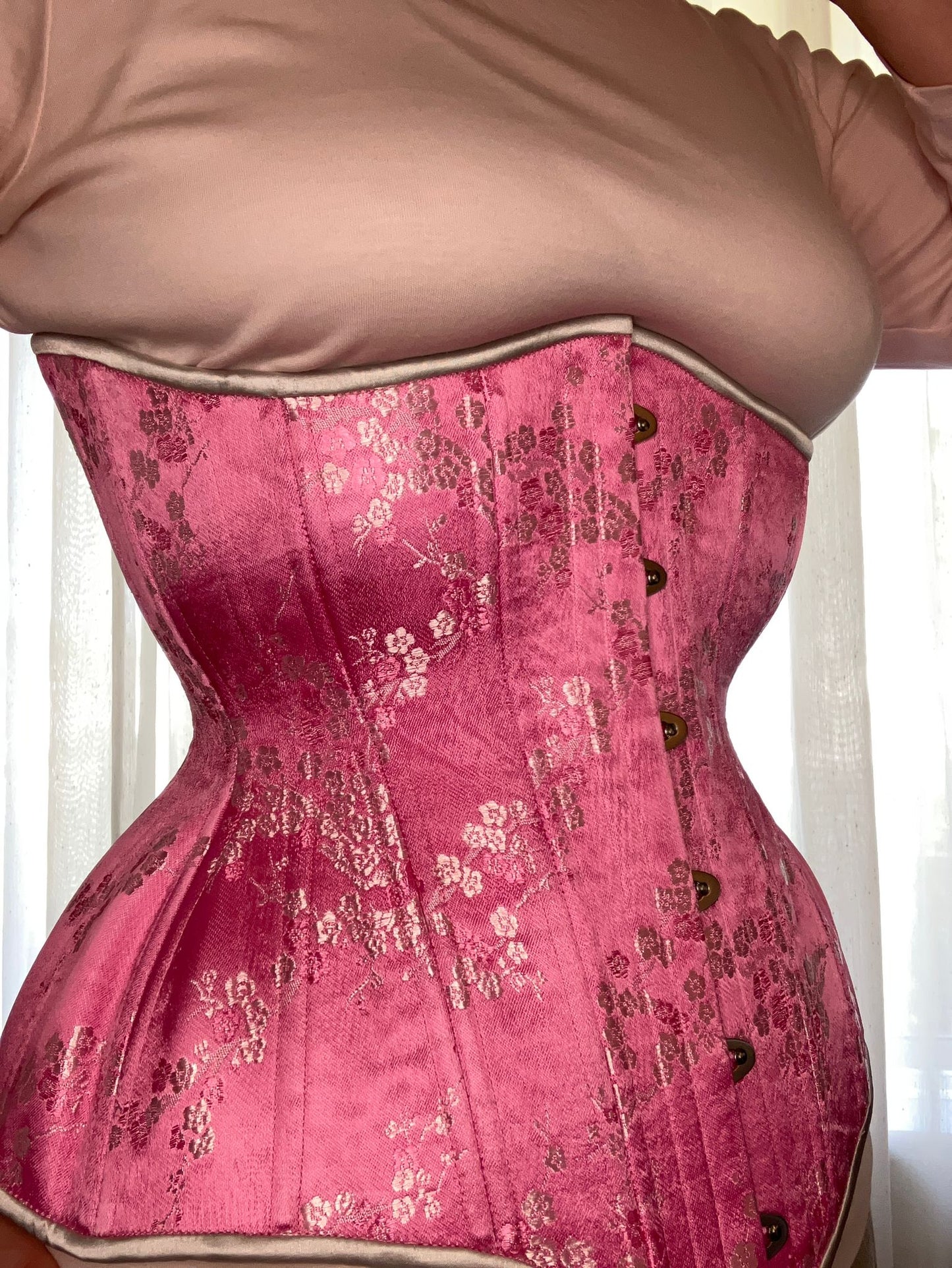 Pink Silver Cherry Blossom Cupped Corset, Gemini Silhouette, Long. Side View.