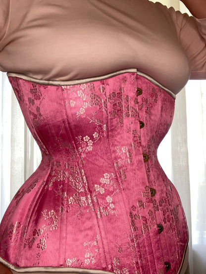 Pink Silver Cherry Blossom Cupped Corset, Gemini Silhouette, Long. Side View.