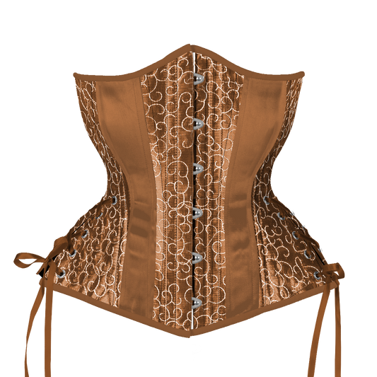 Hourglass Longline embroidered brown underbust corset with hip ties, front view