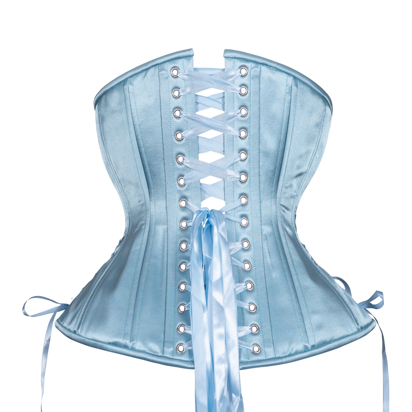 Steely Blue Satin Corset, Hourglass Silhouette, Long