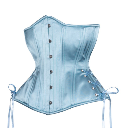 Steely Blue Satin Corset, Hourglass Silhouette, Long