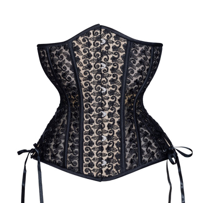 Black Lace on Beige Mesh Corset, Hourglass Silhouette, Long