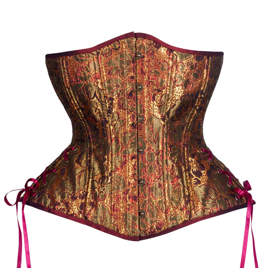 Garnet and Gold Floral Corset, Hourglass Silhouette, Long