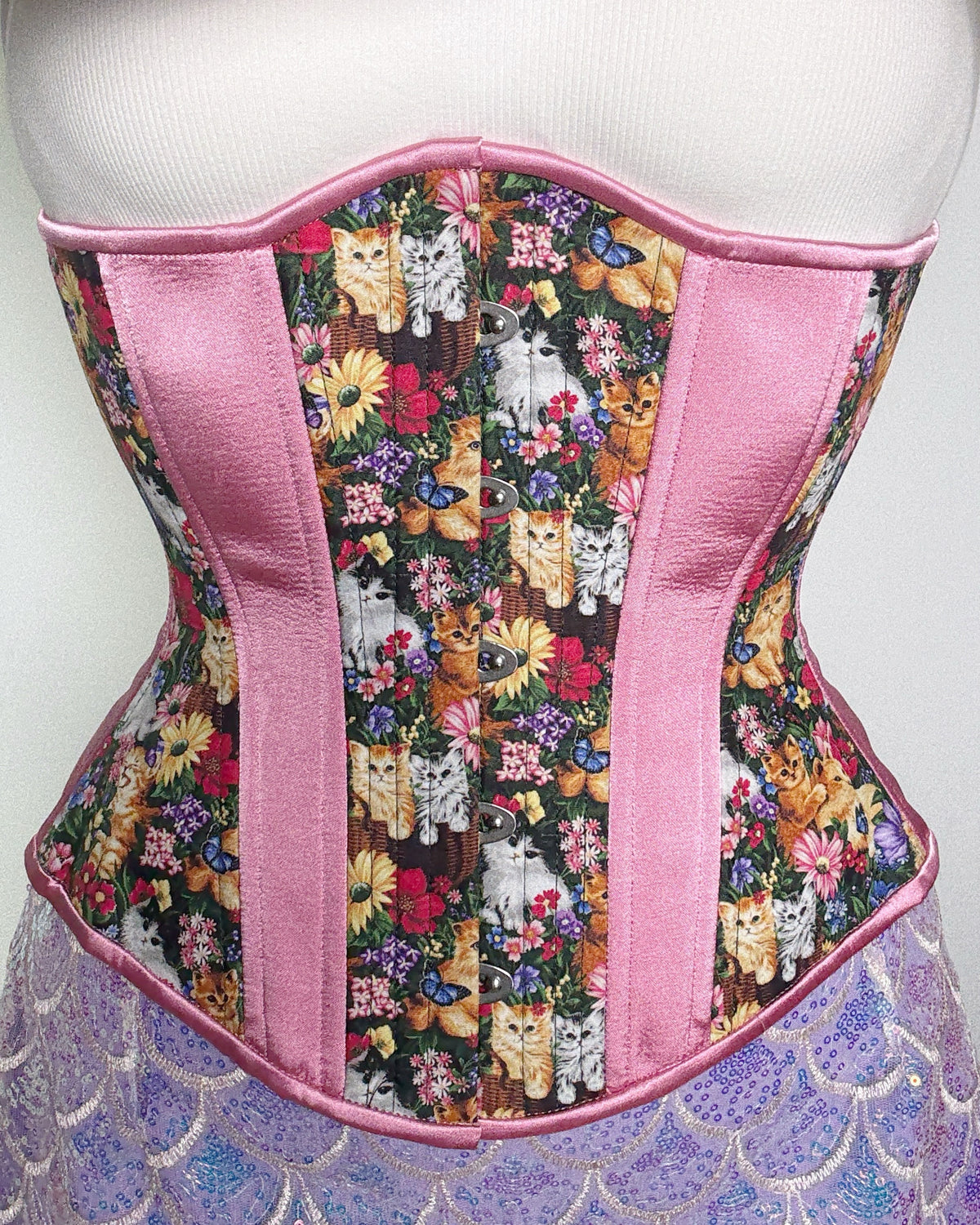 Feline Flowers Cotton Novice Corset, Hourglass Silhouette, Regular