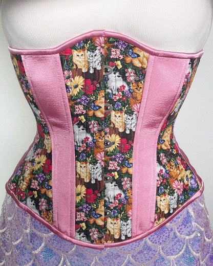 Feline Flowers Cotton Novice Corset, Hourglass Silhouette, Regular