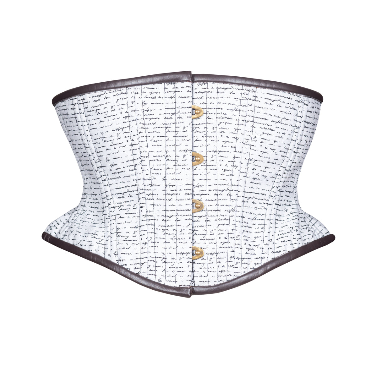 A structured corset with a white fabric body covered in black cursive script, dark brown leather binding trim along the top and bottom edges, an antique brass busk down the center front, shown on a plain white background.