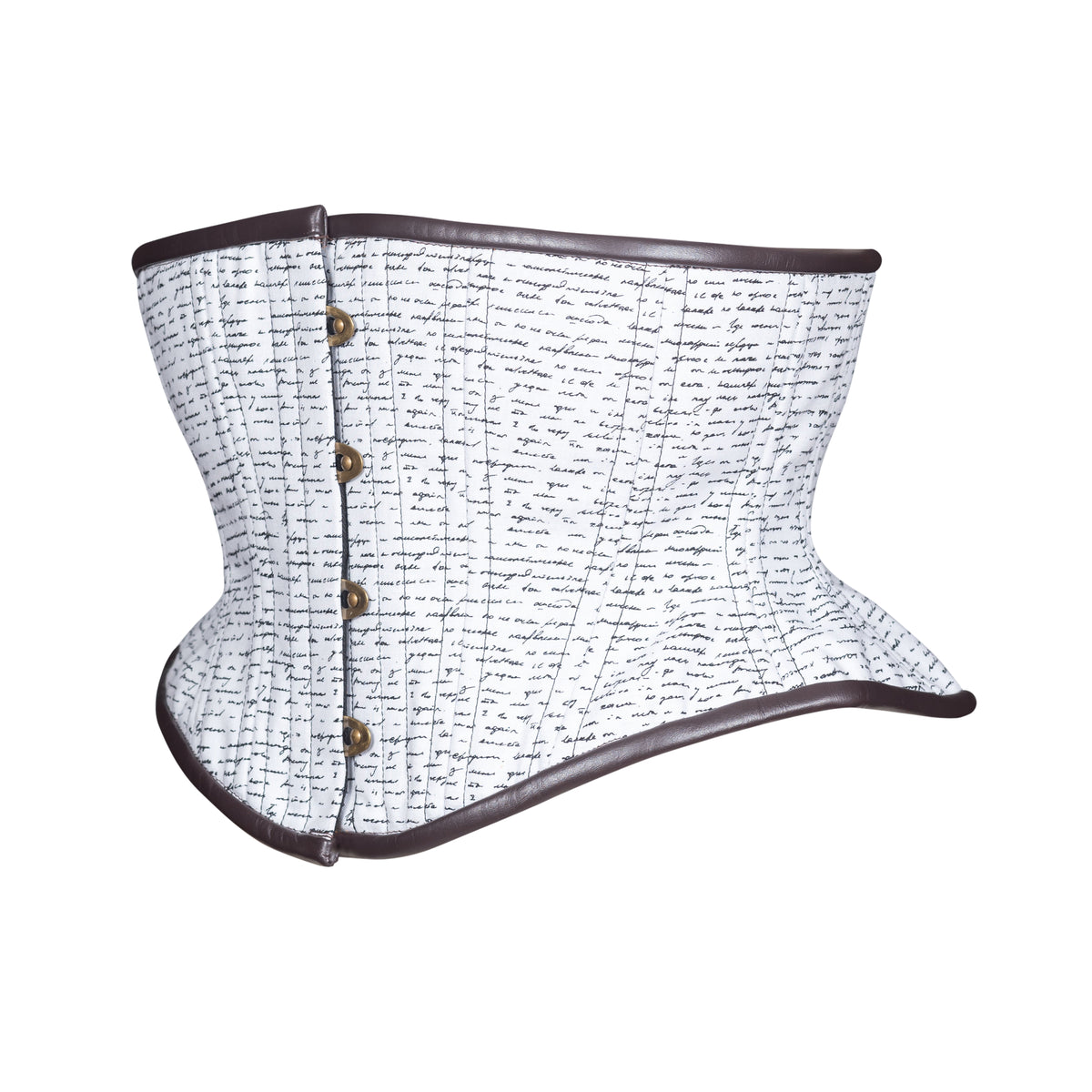 A structured corset with a white fabric body covered in black cursive script, dark brown leather binding trim along the top and bottom edges, an antique brass busk down the center front, shown on a plain white background.