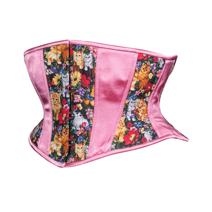 Feline Flowers Cotton Corset, Hourglass Silhouette, Short
