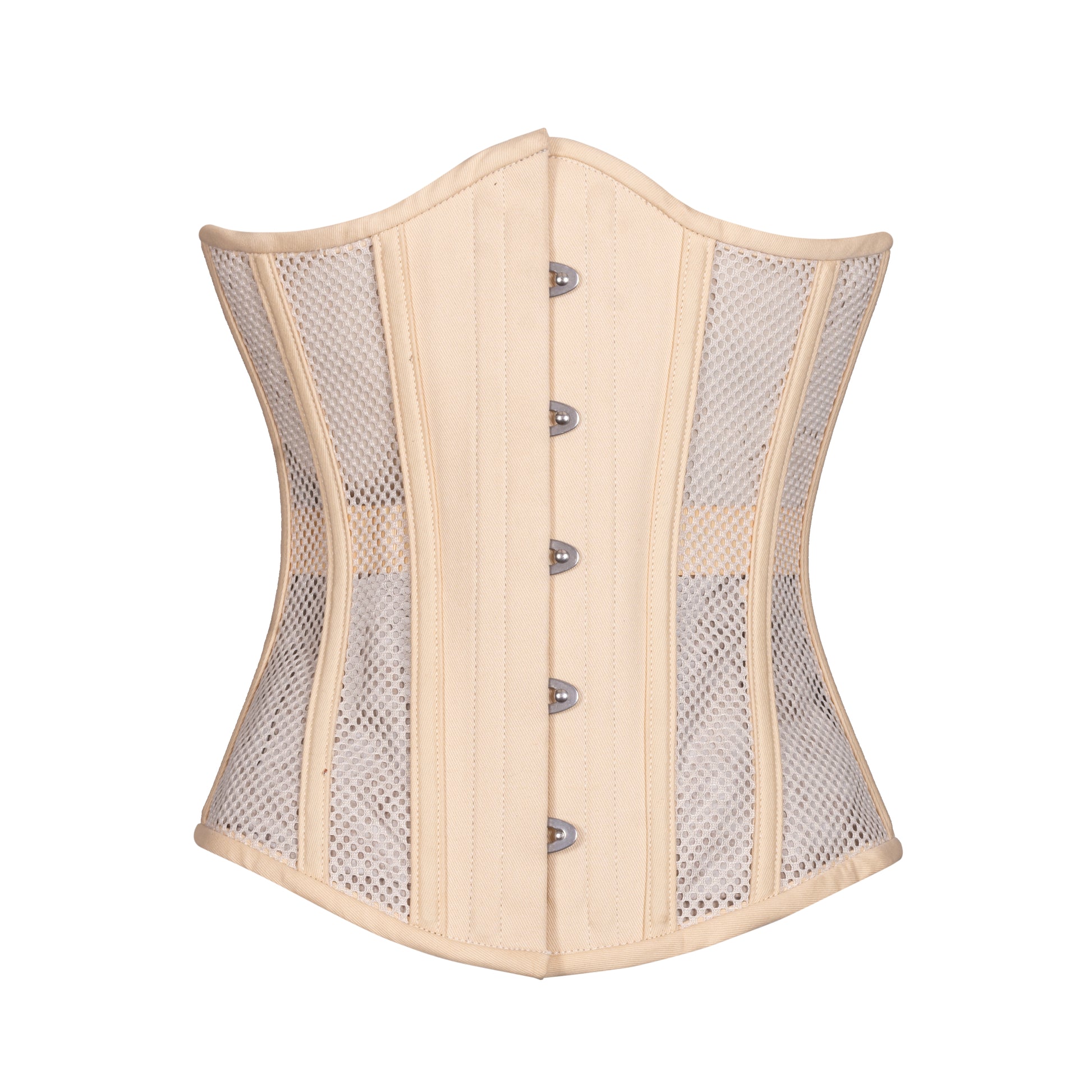 A corset with beige open sports mesh panels, with beige cotton front and back panels, and beige cotton boning channels and trim, slim silhouette, regular underbust length, front view with busk closure 