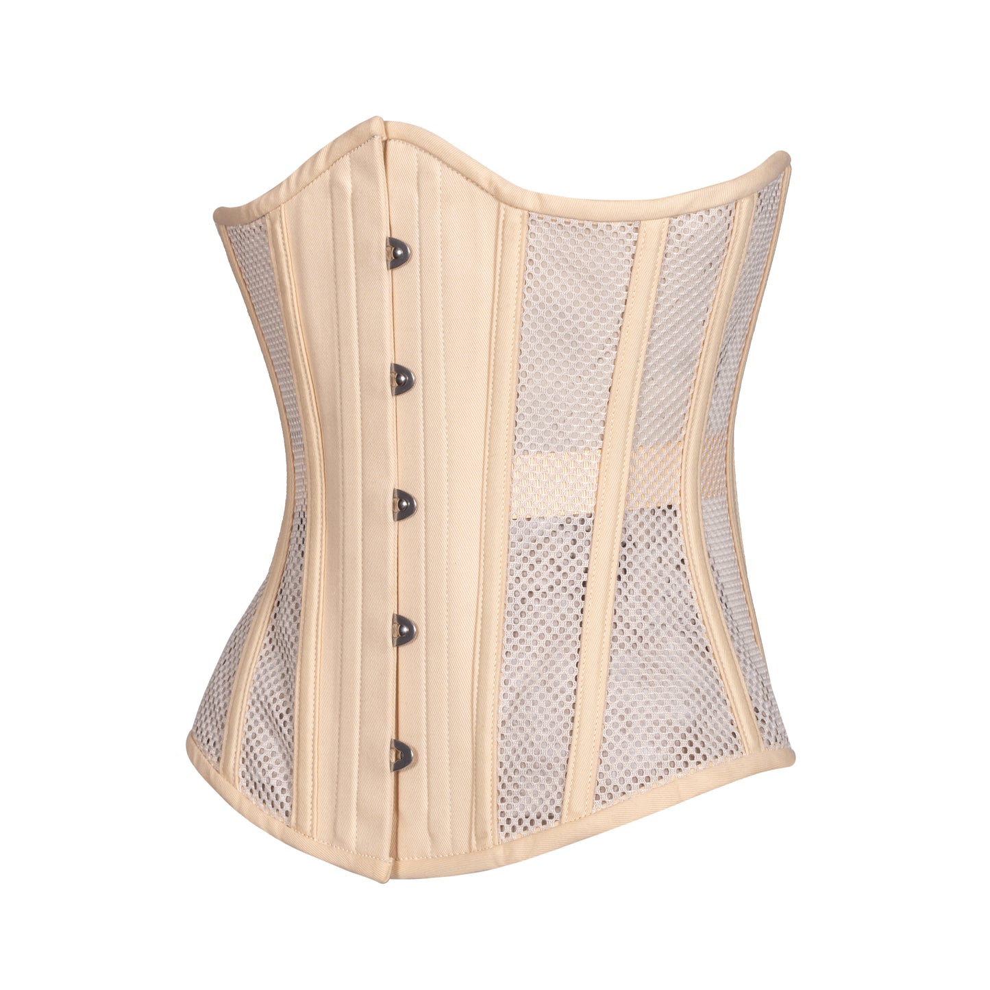 A corset with beige open sports mesh panels, with beige cotton front and back panels, and beige cotton boning channels and trim, slim silhouette, regular underbust length, side view 