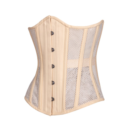 A corset with beige open sports mesh panels, with beige cotton front and back panels, and beige cotton boning channels and trim, slim silhouette, regular underbust length, side view 
