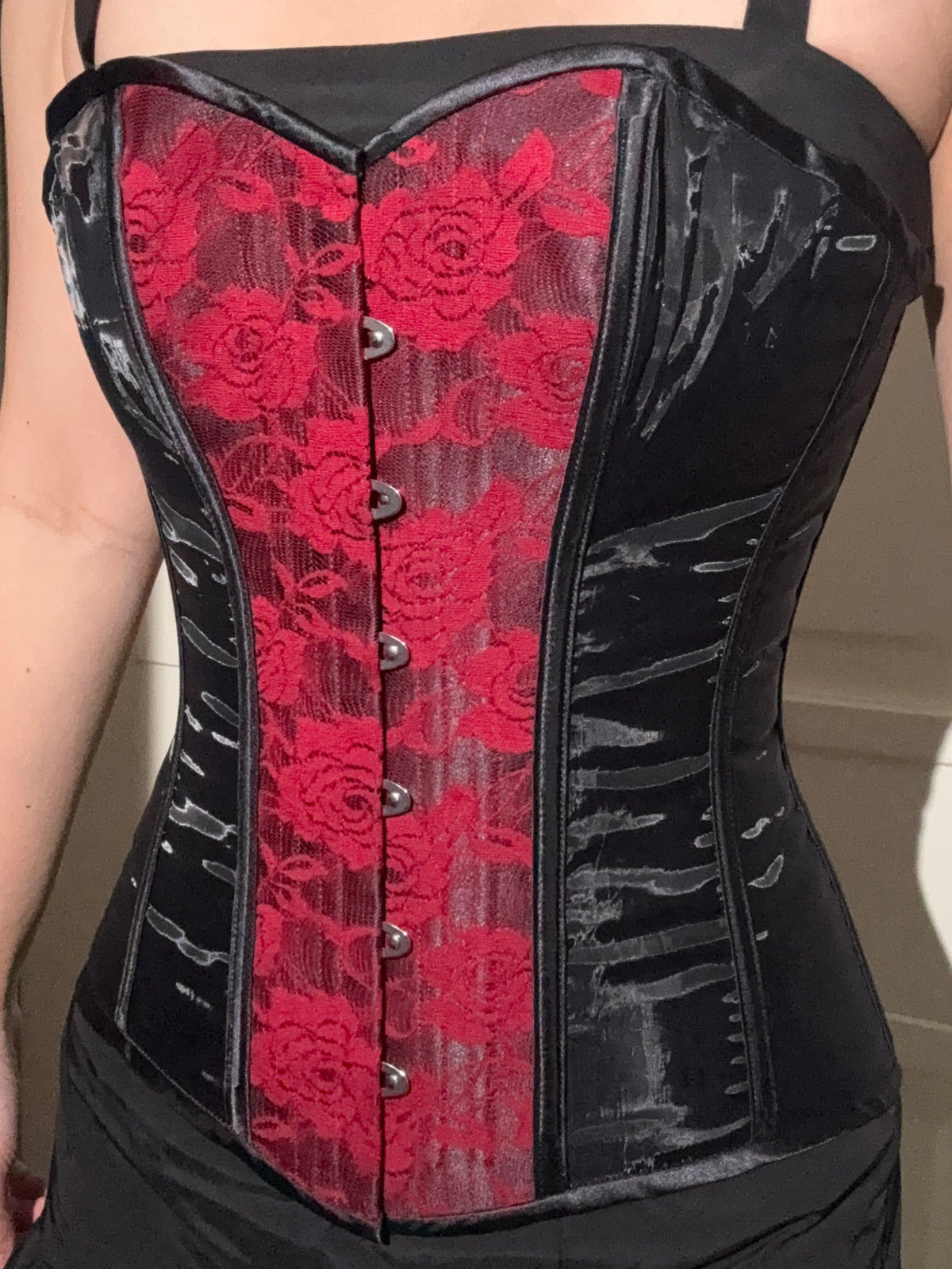 Burgundy Lace and Black Mesh Overbust, Slim Silhouette, Regular