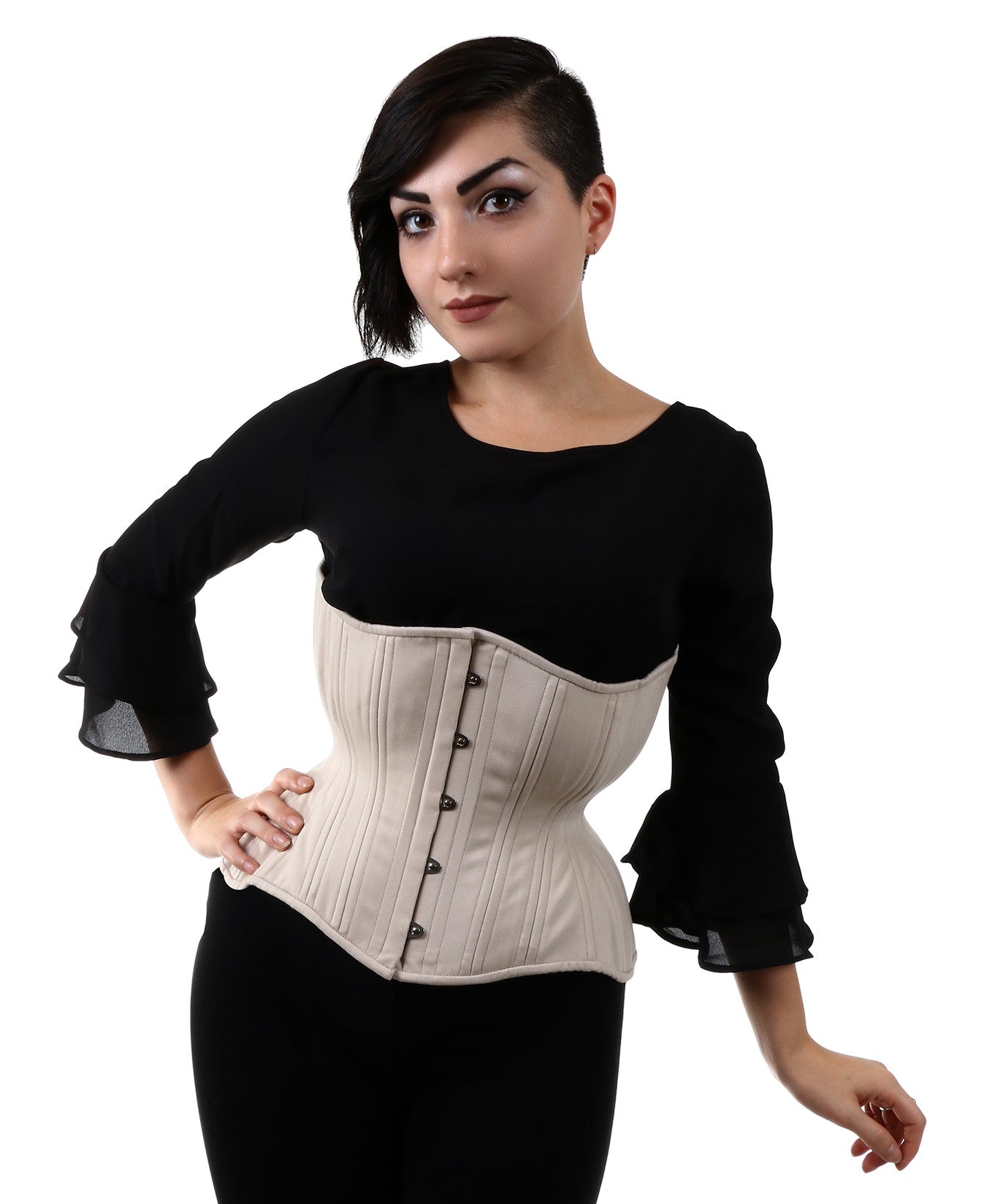 Beige cotton Gemini Corset, cupped rib, regular length, front view