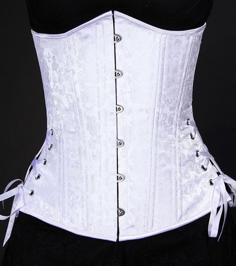 BUC-021 white brocade slim silhouette long length corset with hip ties, front view on model