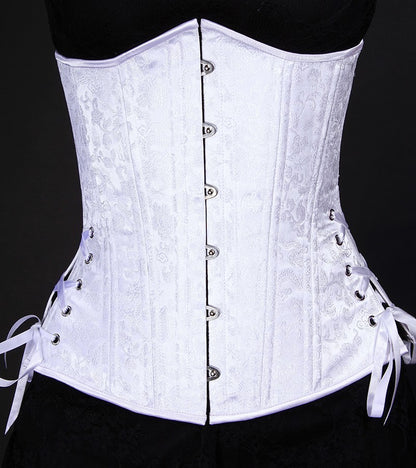 BUC-021 white brocade slim silhouette long length corset with hip ties, front view on model