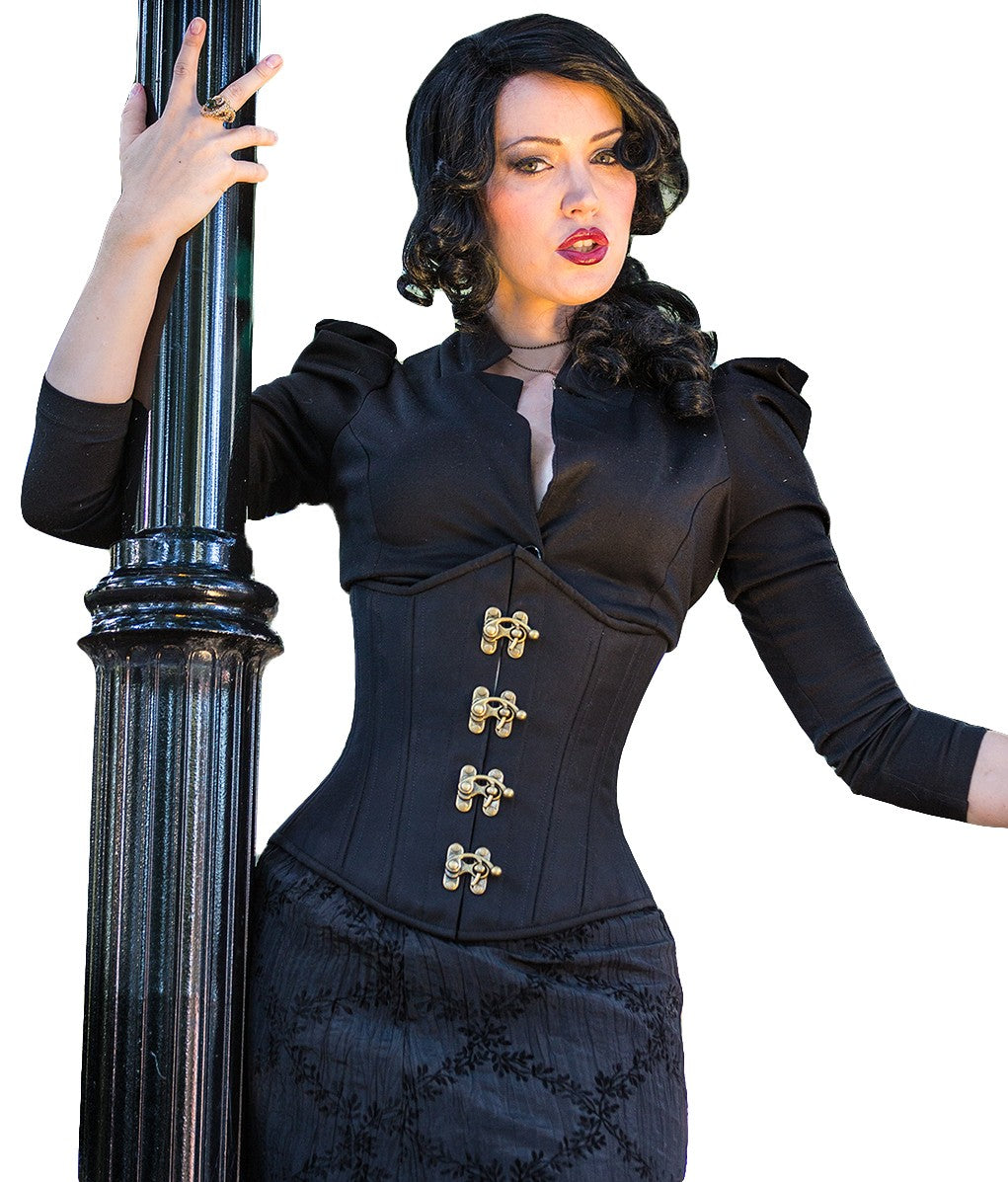 Gothic Cashmere Corset, slim silhouette, regular underbust length, front view with brass swing clasps on model